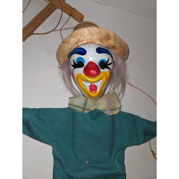 Vintage Antique Handmade 15" Clown Puppet Marionette Wooden Cloth - Picture 2 of 4